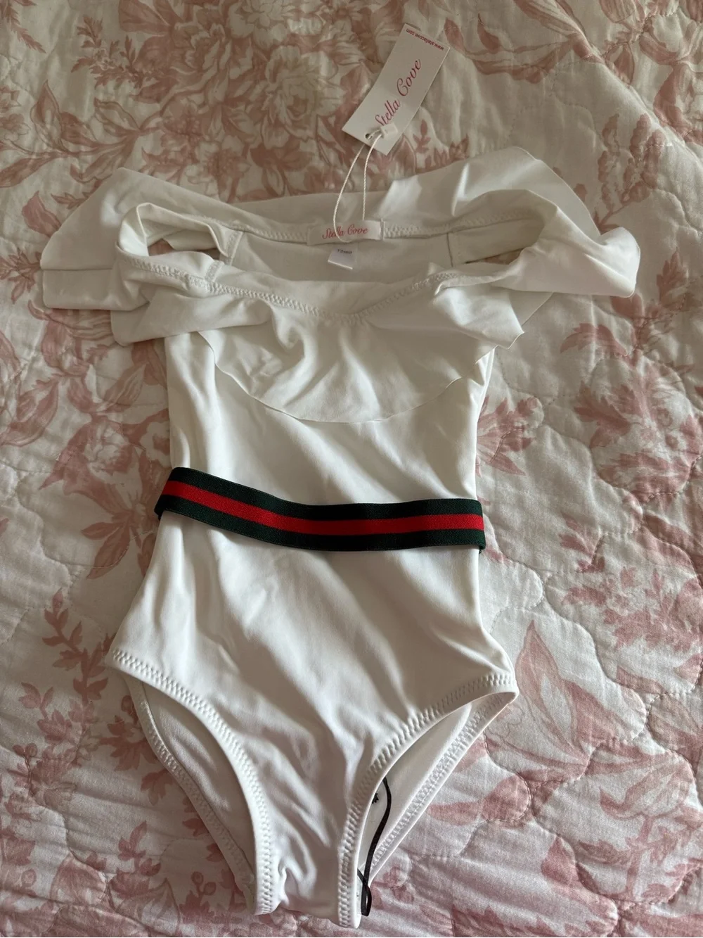 Stella Cove White Ruffle One-Piece with Black and Red Accent Waistband